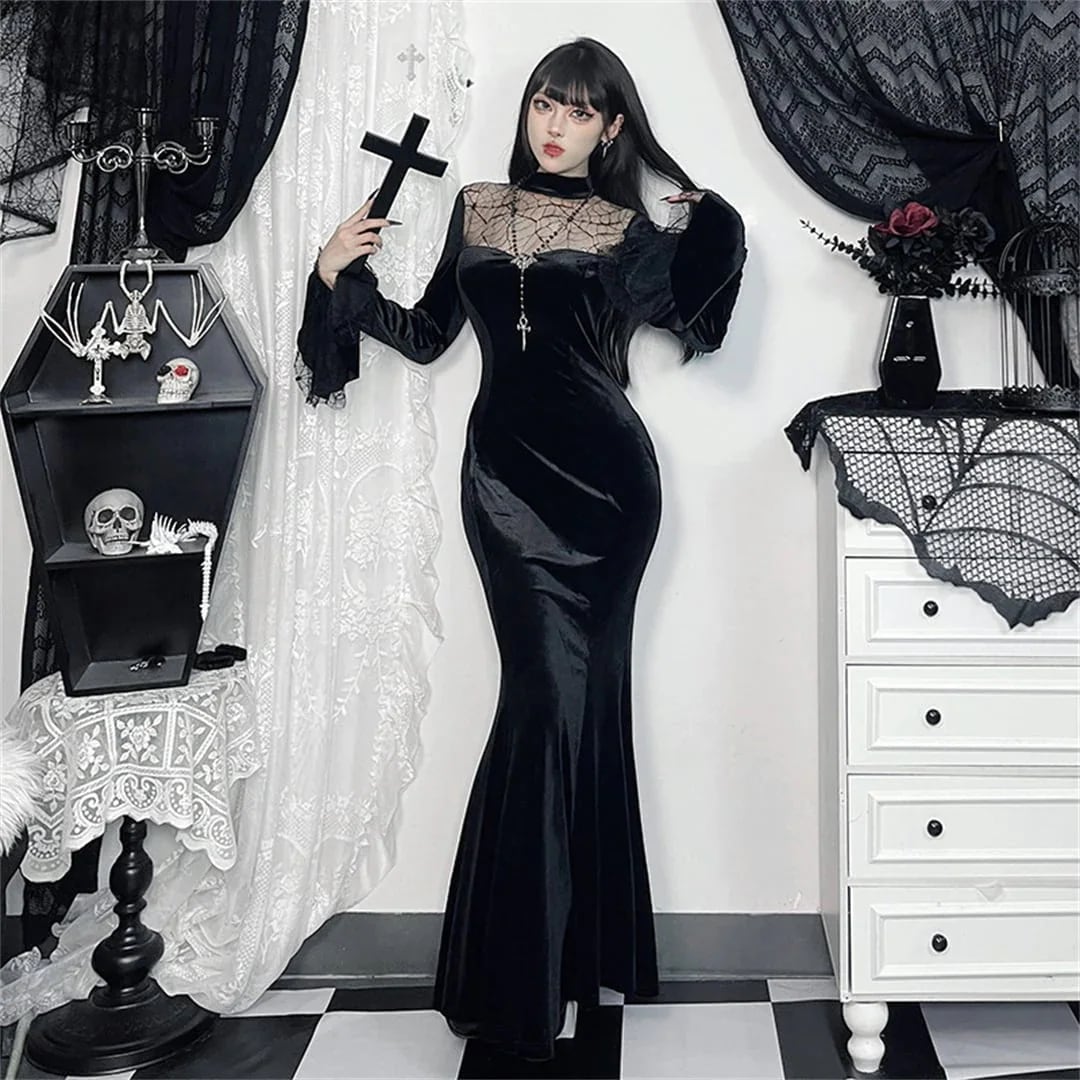 ハロウィン 今年 短纳期 蜘蛛の巣 暗黒系 黒 ブラック レース ロング XS S M L ワンピース