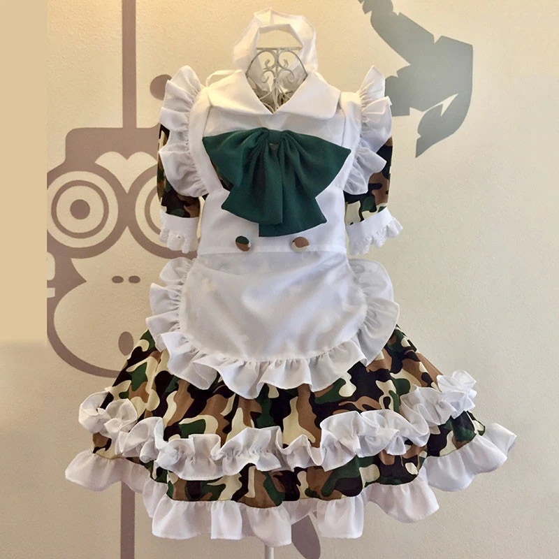 ハロウィンのコスプレ 迷彩風メイド服 4点セット 白色フリルのエプロン+迷彩色ワンピース