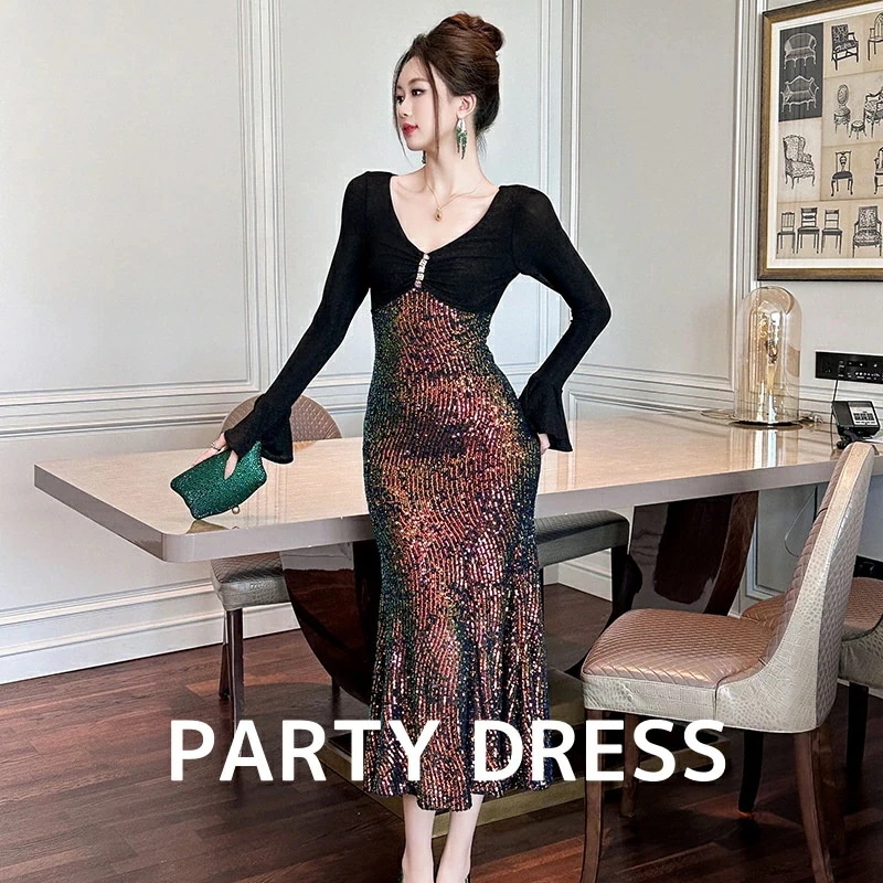 【送料無料】レディースワンピース エレガント 上品 きれいめ 高級感 新着 礼服 忘年会 パーティードレス フランス風 Ｖネック スパンコール フィッシュテール ロングスリーブ ラッパ袖口 着痩せ タ