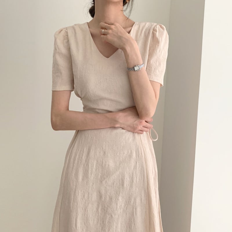 2color レディース ワンピース 膝下丈 レースアップ 半袖 スタイルアップ 体系カバー