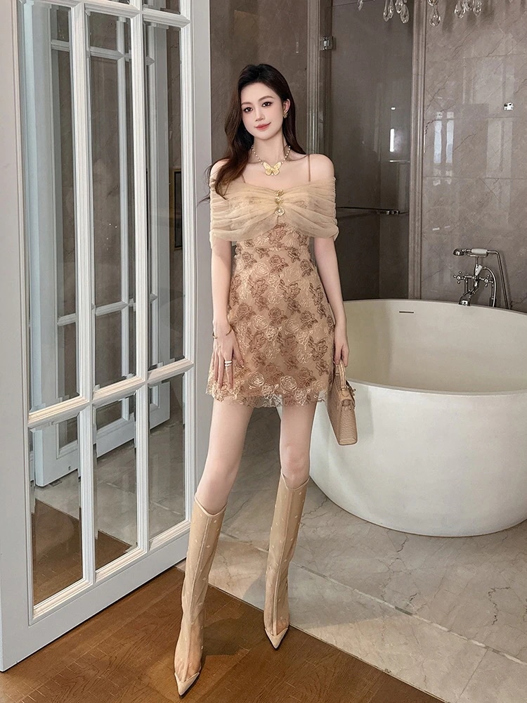 Hot!!!2024夏新品 オフショルダー レース ショート キャミ ドレス パーティー キャバ 大人 同窓会 披露宴 卒業式 結婚式 演奏会 ウェディング 二次会 メガ割 4,798円