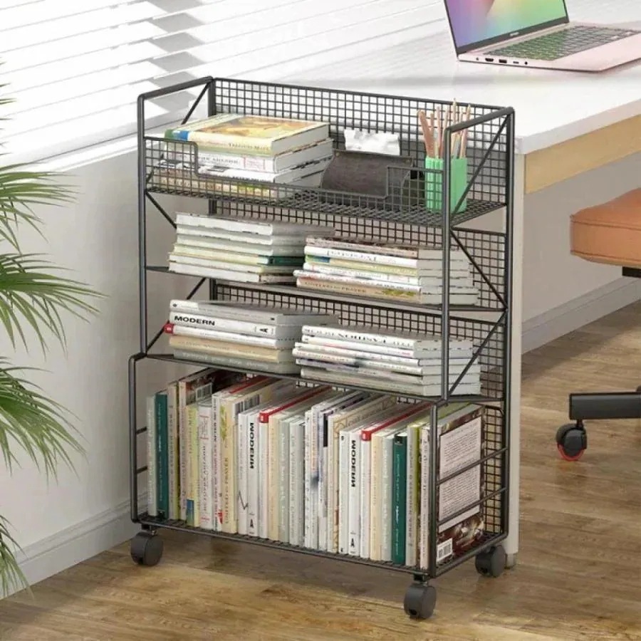 【急速出荷!】新入庫 本棚 収納棚 ブックシェルフ デスクサイド本棚 キャスター付き スリム ファイルワゴン 本立て 大容量 教科書 雑誌収納 学校オフィス用 Black