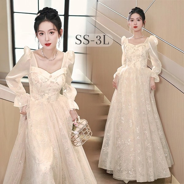 ドレス 大人 ピアノ 発表会 ロング丈 ぽっちゃり 大きいサイズ イブニングドレス 演奏会 ピアノ発表会 袖付き ワンピース Aライン ステージドレス 二次会 女子会 成人式 パーティードレス 大人可