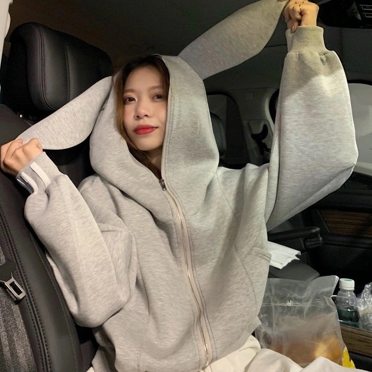 マウンテンパーカー 人気流行り フード付きパーカー レディース ショート おしゃれ 秋アウター 可愛い ウサギの耳 長袖トップス ゆったり 怠惰な風 百掛け スウェットジャケット