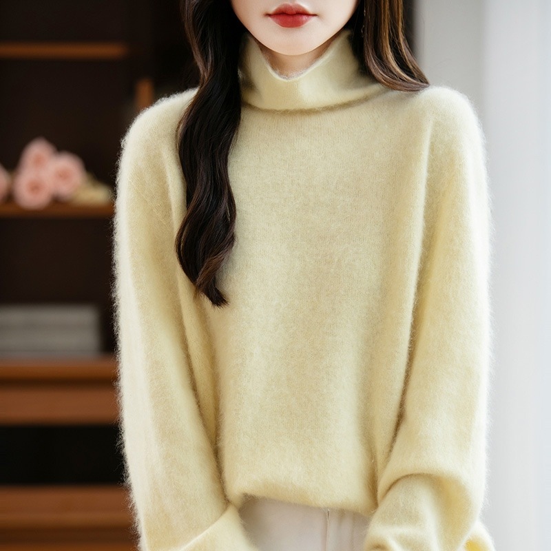 レディース用 100% ピュアウール フリース セーター2025 年秋冬新作タートルネックゆったりフィット暖かいニット ベースレイヤー
