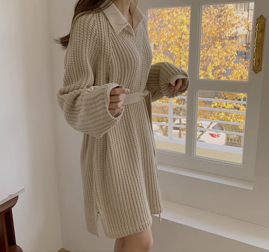 レディース シャツ ニット ツーピースセット 長袖 ドロップショルダー Vネック 襟付き ストレート ウエストリボン リブ 伸縮性 かわいい 大人可愛い きれいめ シンプル カジュアル 上品 20代