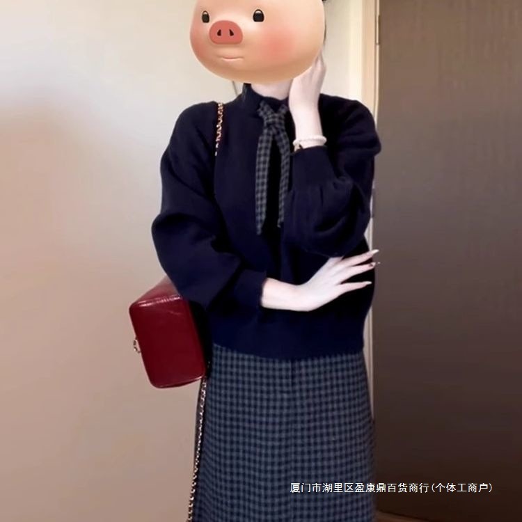 ニットドレスセータースーツ春秋冬新作スモールフレグランスカレッジスタイルハイエンドウェアチェック柄ロングスカート
