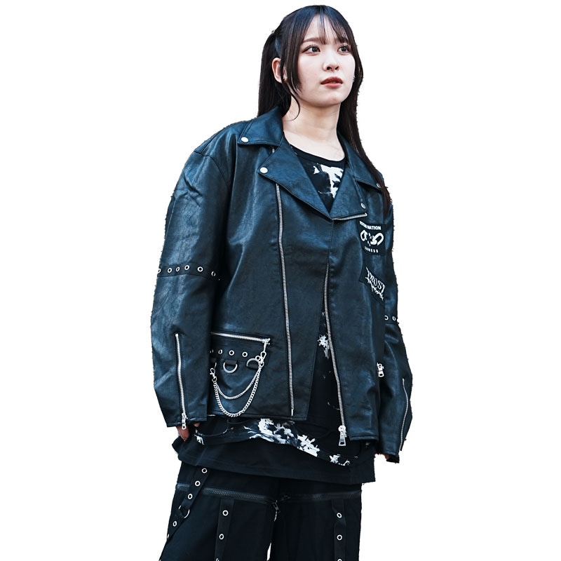 【MLサイズ】袖ハトメテープベルト Wライダースジャケット 原宿 病みかわ パンク 地雷 メンズ レディース ユニセックス 143015