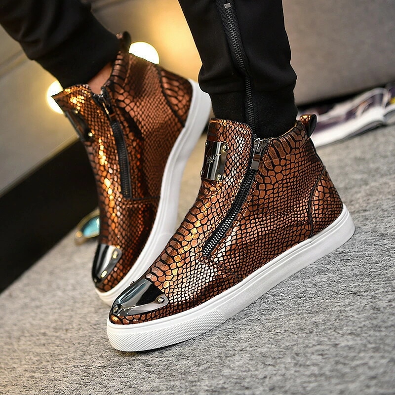 新品メンズ ウォーキングシューズ スニーカー カジュアル ランニング ショートブーツ 蛇柄 デッキシューズ スポーツ ゴールド