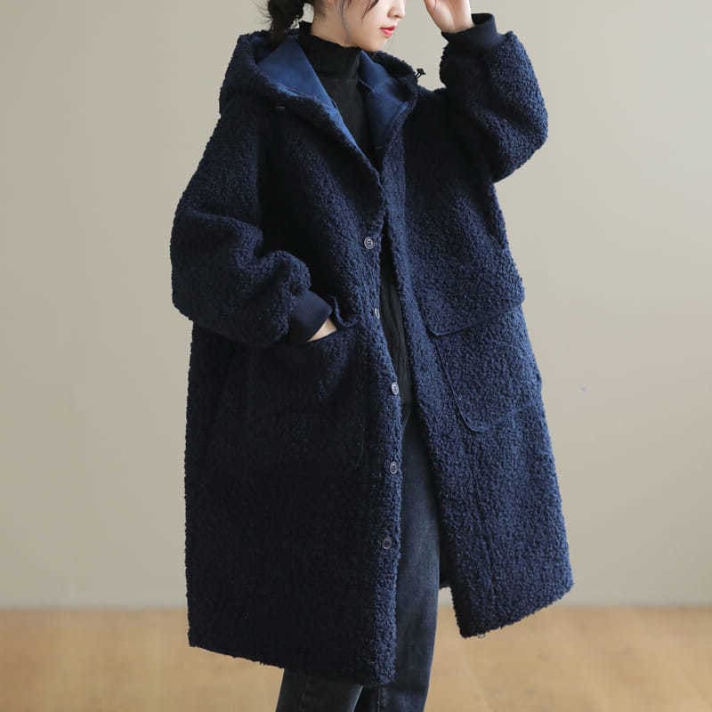 ラムウールコート アウター コート ミディアム丈 袖あり 長袖 フード Aライン モコモコ