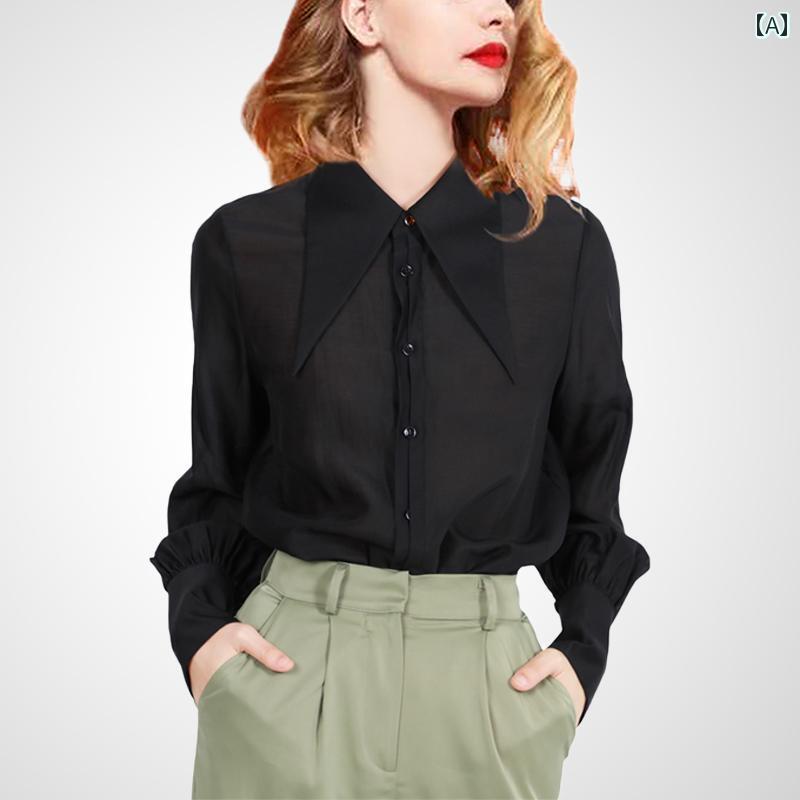 ブラウス レディース 秋 長袖シャツ レトロ 尖った襟 ポロ襟 複数ボタン 婦人服 スタイリッシュ ファッション シンプル