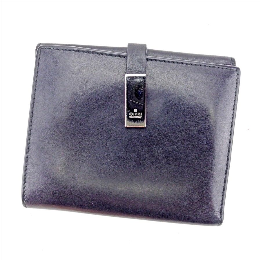 Wホック 財布 二つ折り ロゴプレート ブラック シルバー 中古