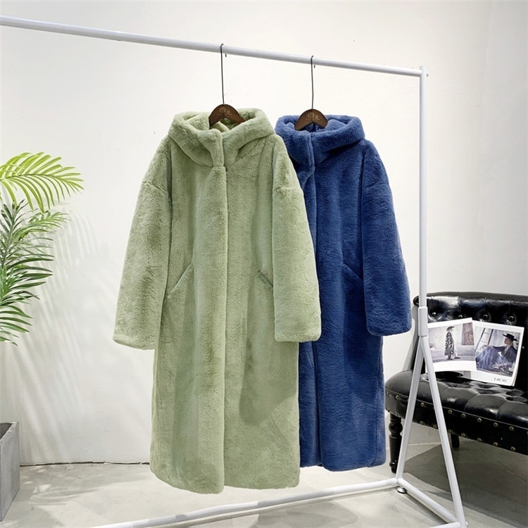 【送料無料】使い心地激安セール スタイル コート フード付き 緩い 厚手 人工毛皮 模造ミンクの毛皮 ロングセクション 模造毛皮 コート スリム