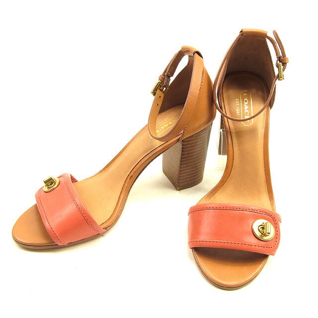 サンダル シューズ 靴 ターンロック金具 36 チャンキーヒール サーモンピンク ブラウン系 中古