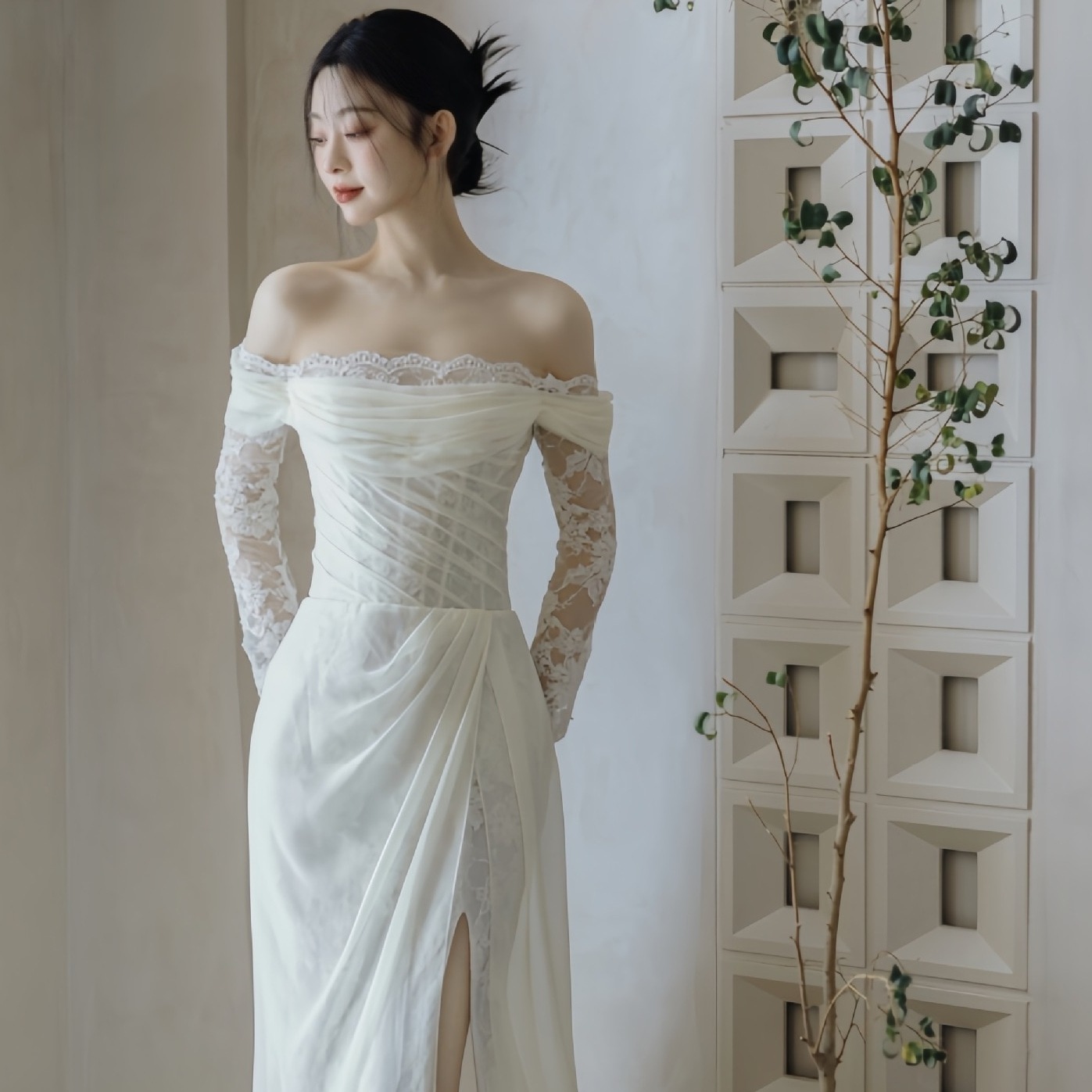 韓国新作追加!!! 結婚式 フランス レースシンプル ドレス ワンピース ウエディングドレス ワンショルダー 花嫁 披露宴 二次会 謝恩会 発表会 演奏会 女子会