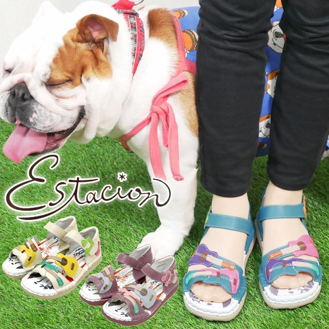 エスタシオンレディース サンダル 疲れない ストラップサンダル 履きやすい ベルクロ 痛くない コンフォートサンダル ギターモチーフ TGE495 ブルー/マルチ アイボリー/マルチ パープル/マルチ