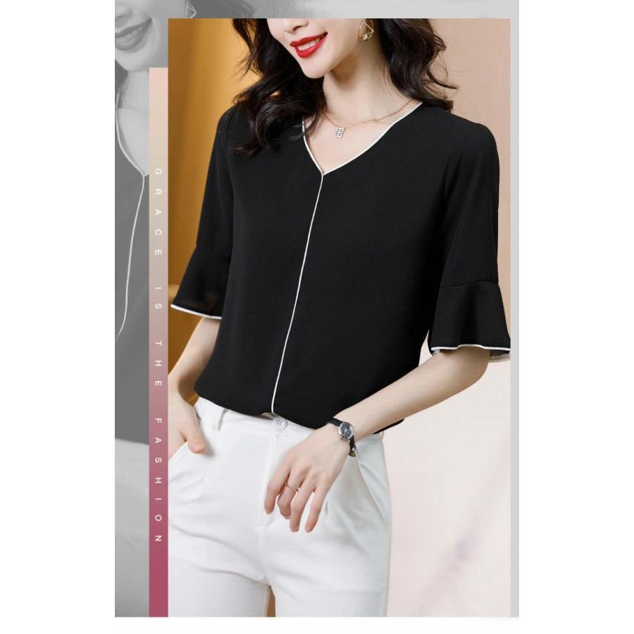 夏新作ブラウス レディース 40代 春夏新作 オシャレブラウス シフォンシャツ 半袖トップス Vネック スピーカースリーブブラウス 大人 シャツ 30代 50代