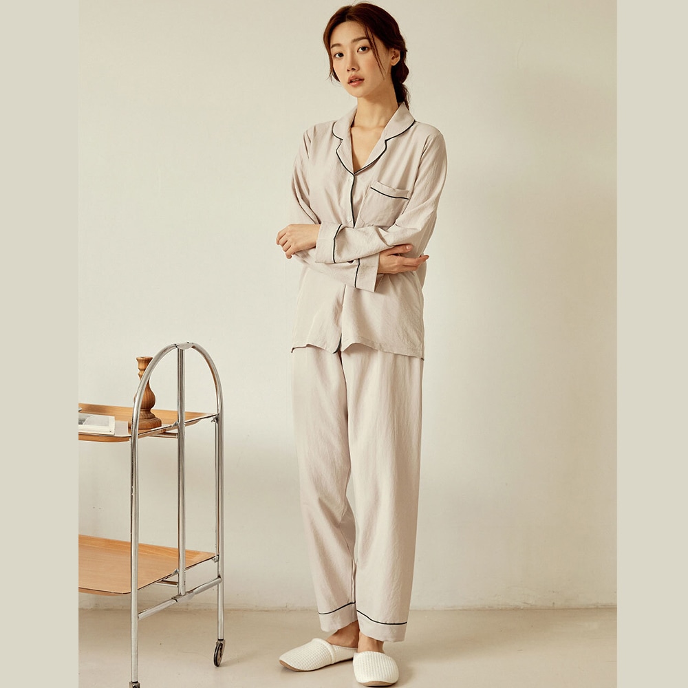 レディース リメイン サンドウォッシング ポリ 上下(長袖カラーネック)韓国パジャマ パジャマ ルー