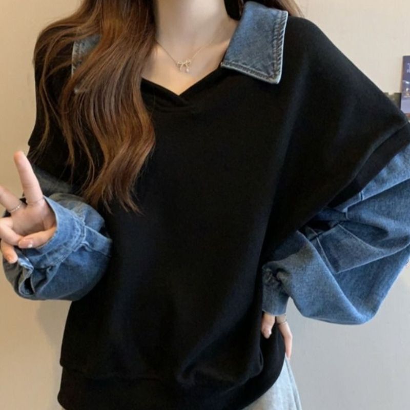 レディース トップス ニット セーター 長袖 Vネック 襟付き 角襟 ドッキング アメカジ バイカラー デニム かわいい 大人可愛い カジュアル おしゃれ こなれ感 ラフ ガーリー ルーズ ラブリー
