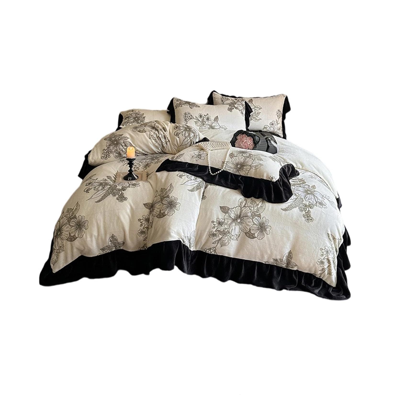 プリンセス風 フランネル 布団カバーセット フリル 花柄 とろける 柔らか肌触り あったか 保温 静電気防止 ふわふわ 高密度 厚手 おしゃれ 洗える 秋冬寝具