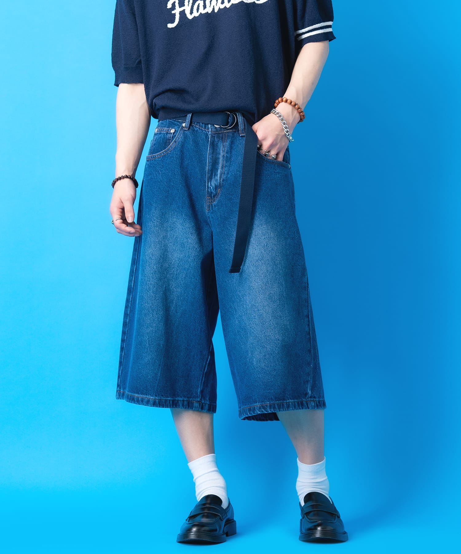 スーパーワイドウォッシュドデニムハーフパンツ 「seb0178」