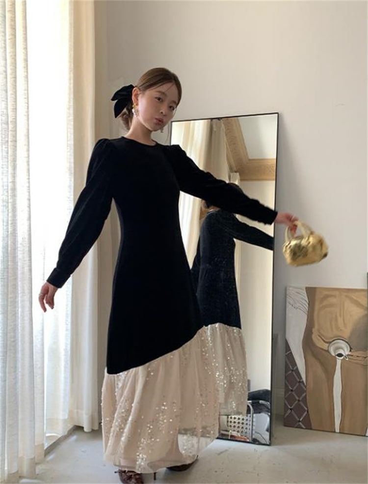 早い者勝ち ロングスカート 2025春 長袖 縫付 ワンピース スリム ラウンドネック ロングワンピース ジェントルスタイル ベルベット ハイウエスト