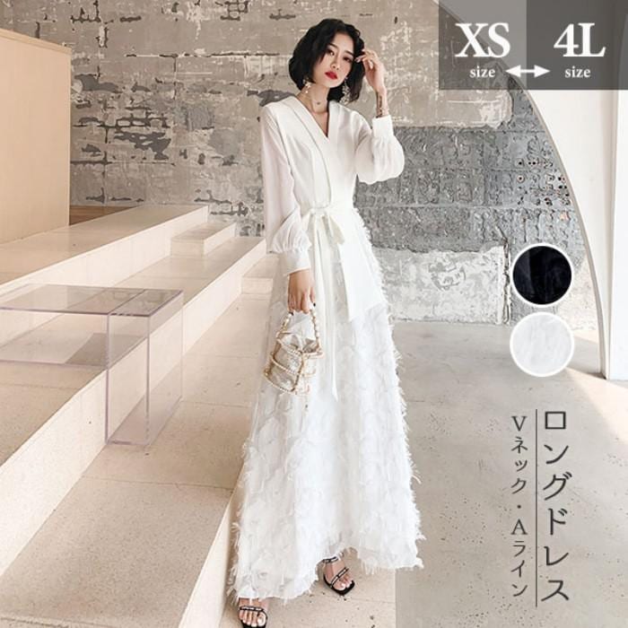 新作 スーツ風 ピアノ発表会 ドレス パーティードレス 演奏会 ドレス ブラック 黒 ホワイト 白 ロングドレス Vネック Aライン 長袖 袖あり 結婚式 母親 フォーマル 小さいサイズ 大きいサイズ