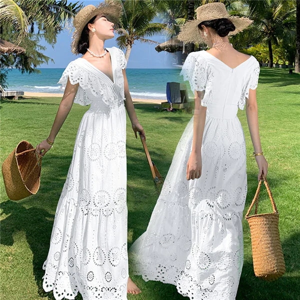 リゾートワンピース レディース サマードレス ワンピース Aライン ハワイ 沖縄 旅行用 大人 20代 30代 40代 可愛い お洒落 無地 ふんわり フェミニン 薄手 ホワイト 白