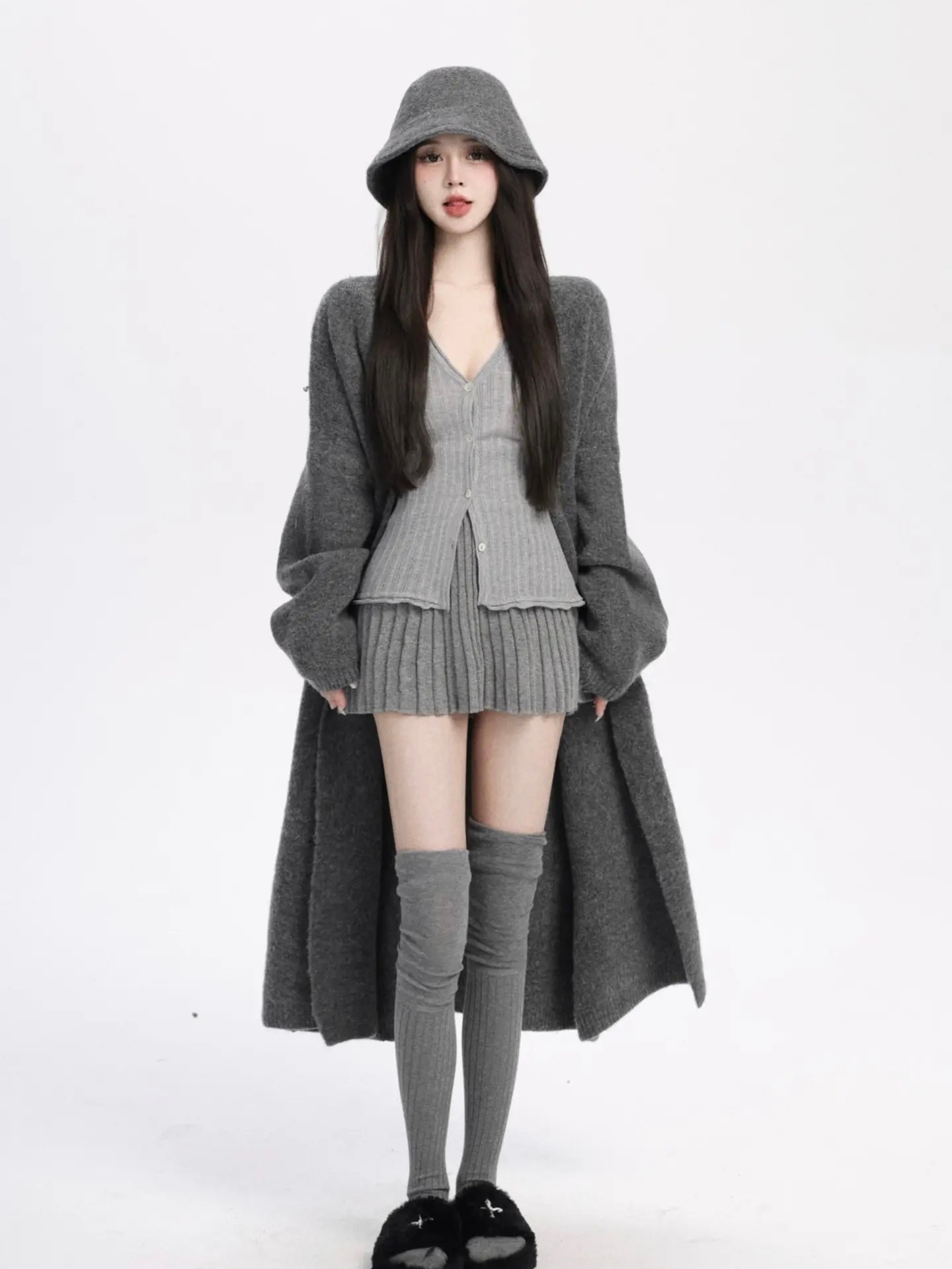 ピュアディザイアウエスタンスタイルセータースーツvネックニットカーディガン秋冬グレープリーツスカートレイジースタイル厚手ジャケット