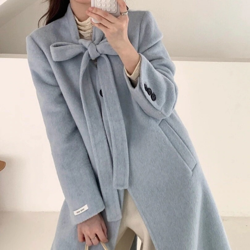 両面カシミアコート ミディアムロング スタンドカラー ベルト付き ウエストイン ツートンカラー 両面ウールコート レディース ニットコート