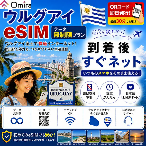 【ウルグアイ】eSIM データ無制限 8日～20日 プリペイド 旅行 データ通信 QRコード メール受取