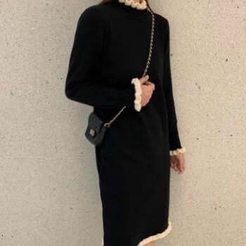 ワンピース 長袖 秋冬 かわいい ニット ワンピ ミドル丈 レギュラー丈 フリル袖 ラウンドネック フリルカラー 襟なし ストレート リブニット 黒 ブラック かわいい 大人可愛い きれいめ シンプル