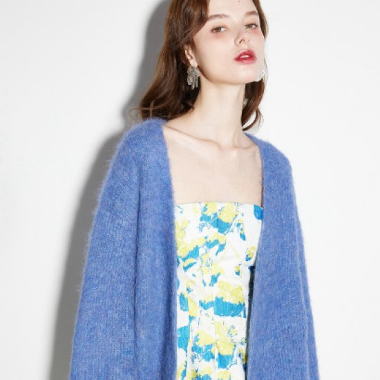 ニットカーディガン レディース カーディガン ニット 羽織 ノーカラー シンプル 無地 Ｖネック ルーズシルエット 長袖 ボリューム袖 カジュアル きれいめ お出かけ ニットカーディガン