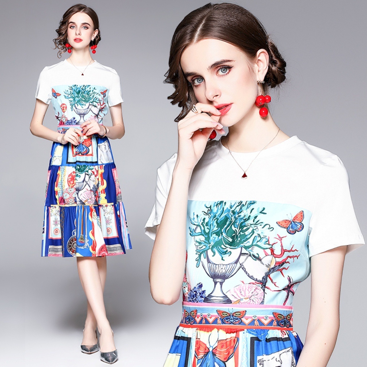 ワンピース レディース レイヤード風 プリントワンピース 柄物 パッチワーク風 半袖 丸首