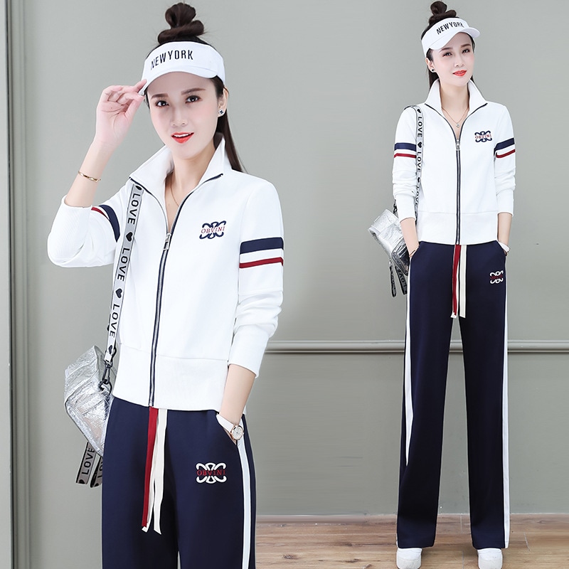 欧品レジャースポーツスーツ女性秋洋気減齢立襟カーディガンワイドパンツ2点セット