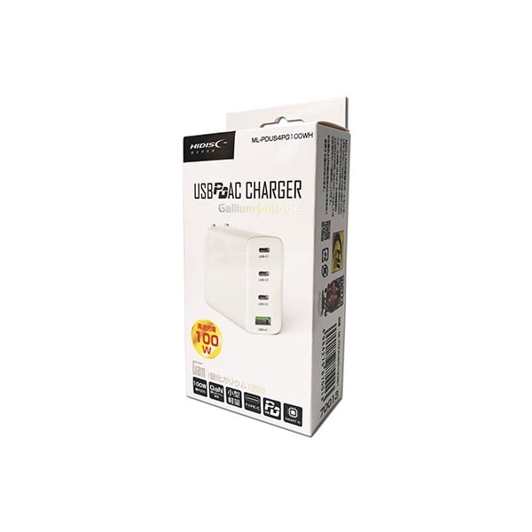 ML-PDUS4PG100WH [GaN (窒化ガリウム)採用PD3.0 Type-C+USB-A 100W AC充電器 アダプター] メーカー直送