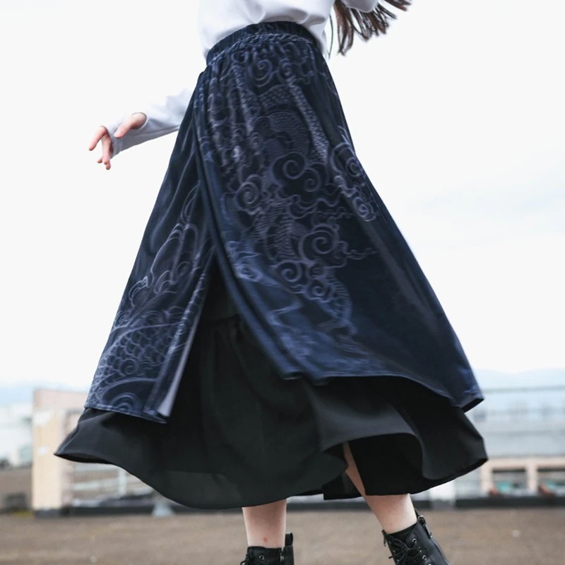 ベルベットスカート レイヤード チャイナ風スカート ボトムス 中華服 合わせやすい ブラック 秋冬 ロング