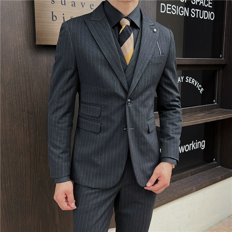 3色 スリーピーススーツメンズ スーツ セットアップ スリム ストライプ柄 ２ボタン 細身 ボタンビジネススーツ フォーマルイベント 大きいサイズ 洗えるスーツ ブレスト 3点セット Ｓ~