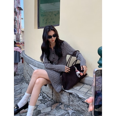 マルバンレトロ麻花ニットカーディガン女性セーターa字半身スカートセット気質スカート2セット