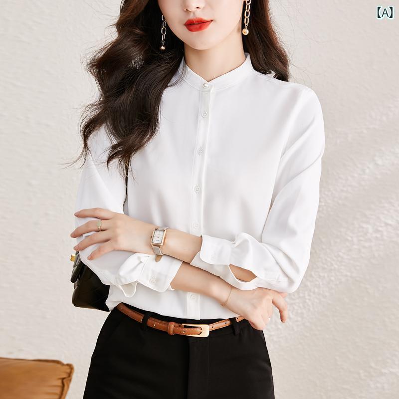 レディース　　シャツ　トップス 杭 州 ビッグ シルク シャツ レディース 無地 スタンドカラー 長袖 プロ ウェア 高級 桑 シルク トップ