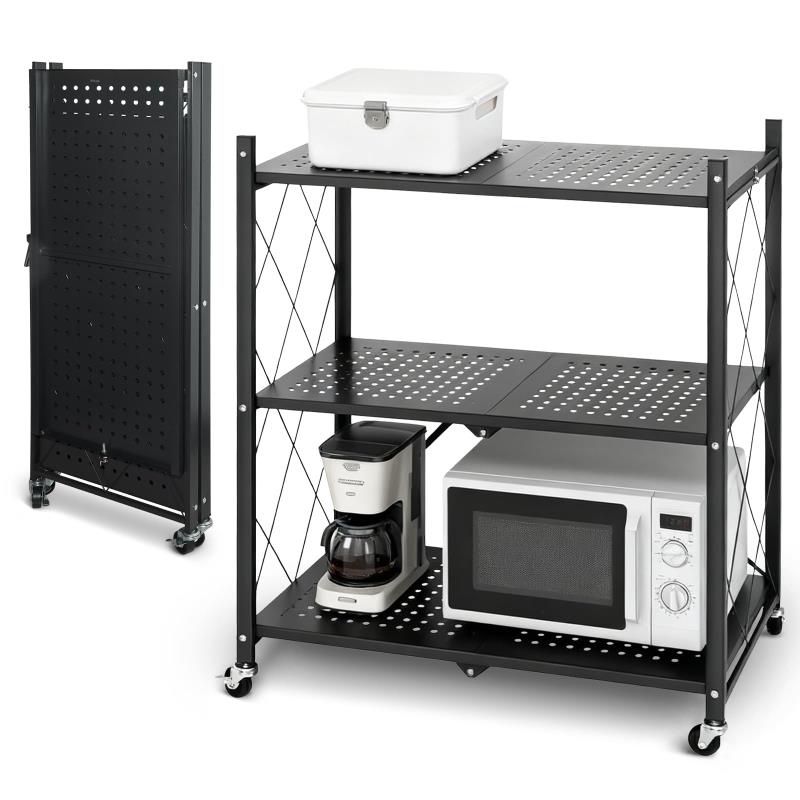 折り畳みメタルラック 折りたたみラック 3層 収納ラック 折りたたみ棚 スチールラック オープンラック キッチンラック 360キャスター付きで移動 設置不要 家庭用収納ラック キッチン 寝室 応接間 4,724円