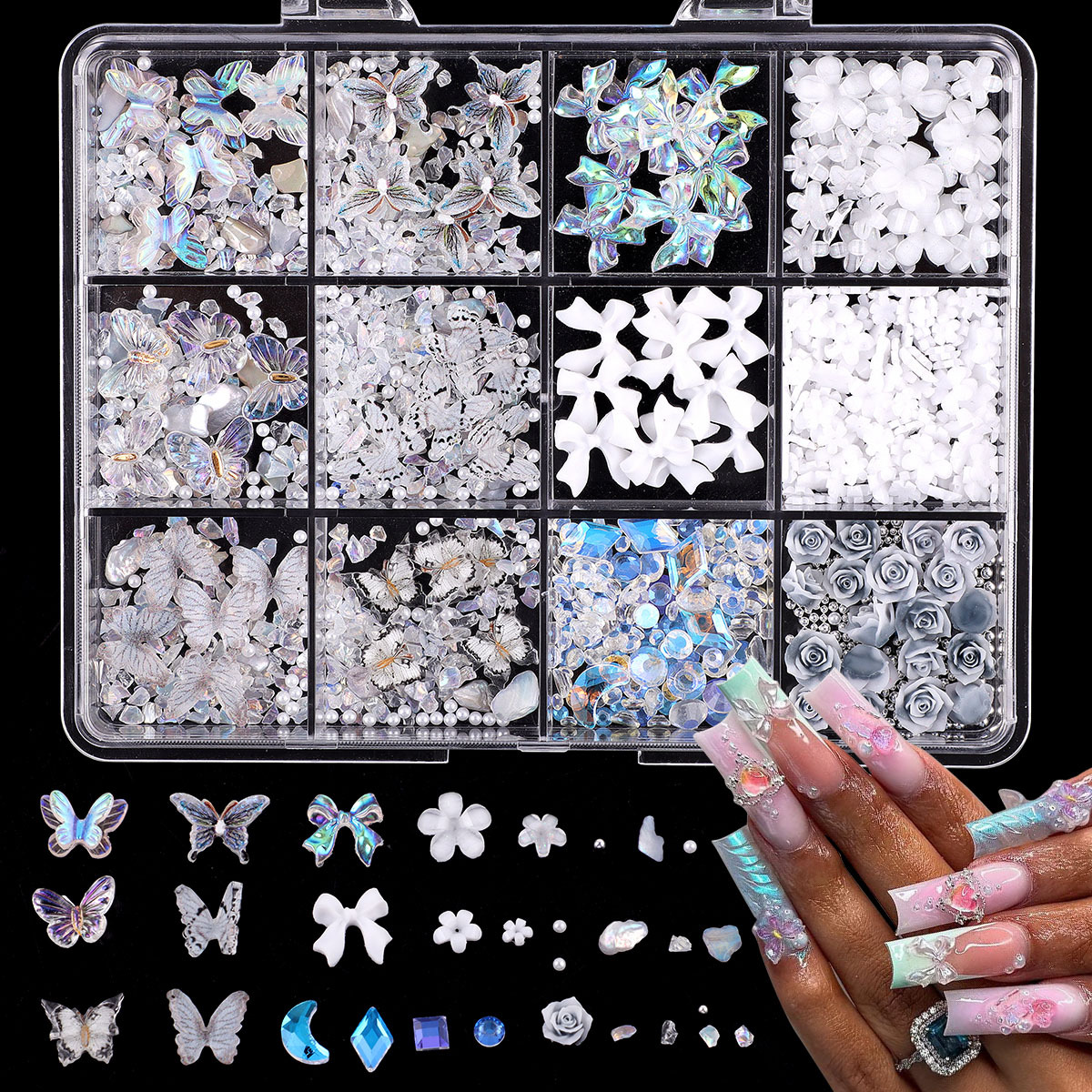 【1点ご購入 で10点プレゼントいたします】五つ弁の花氷透過立体蝶色花砕石ネイルアクセサリー異形ドリル混装