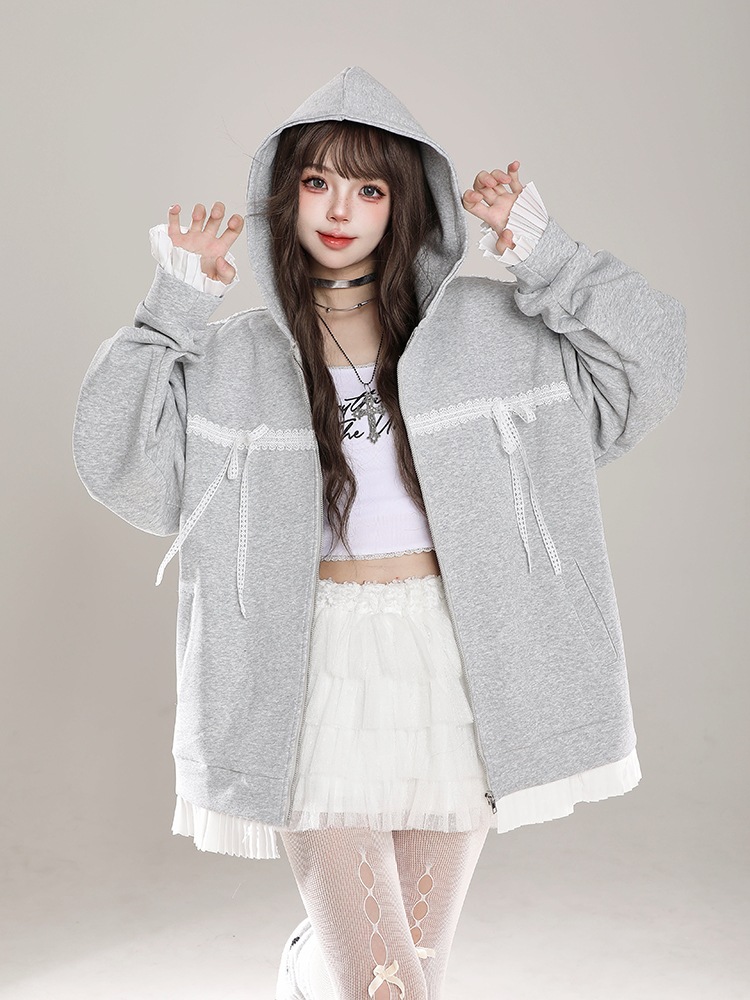 2024 秋冬トップスかわいいパーカー フード付き韓国風長袖ゆったり細見え白黒おしゃれレトロチャッシルエット甘め大人っぽ韓国フルサイズファッション系ルーズレディースサイドお出かけ学生通学トラック羽織る