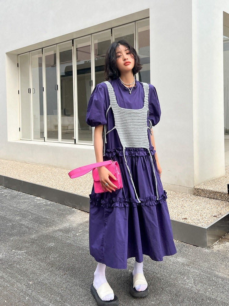 フリルプリーツワンピース パフスリーブ フリルワンピース 半袖 ワンピース ドレス サマードレス ルーズ レディース プルオーバー Aラインワンピース モード系 ガーリー オシャレ デート 5,326円