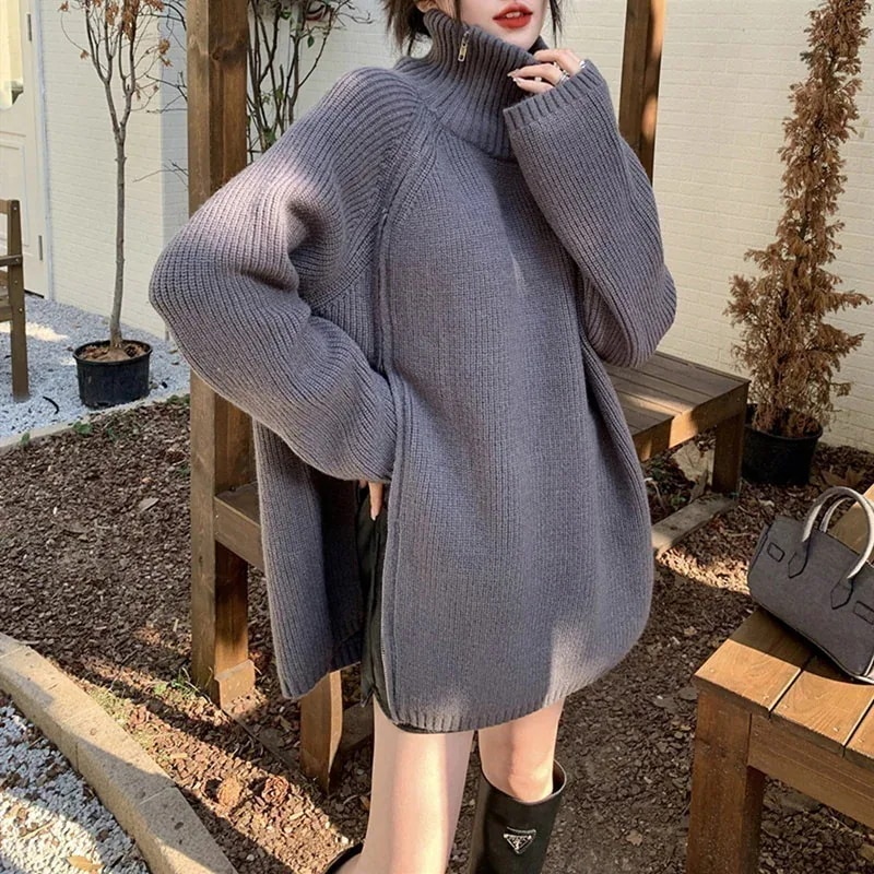 人気なリプニット タートルネックニット ニッチデザイン サイドファスナー ゆったり 怠惰風 セーター カジュアル セミロング 厚手 ニットカーディガン カシミヤタッチ