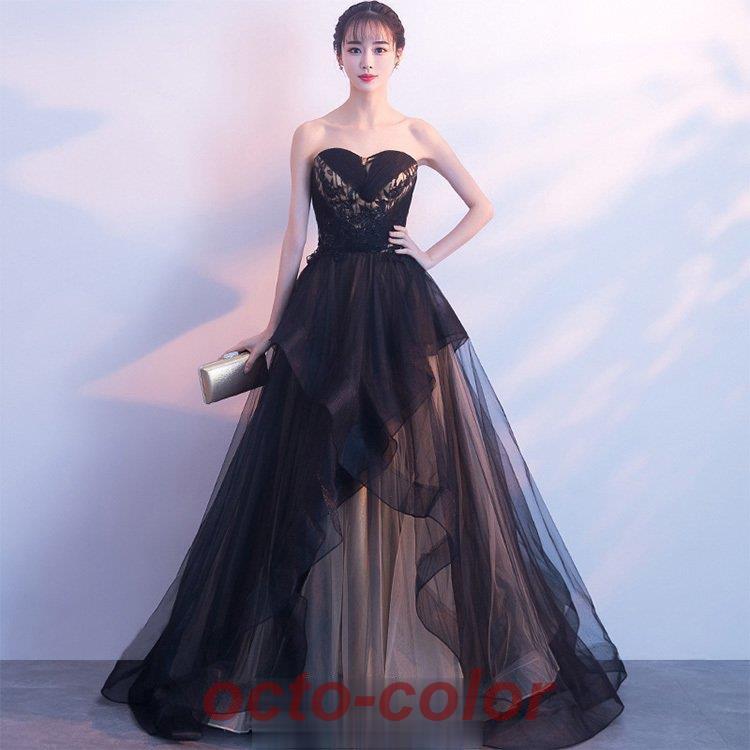 イブニングドレス 黒 ノースリーブ ビスチェドレス ロングドレス 発表会ドレス ブラック 演奏会ドレス 結婚式ドレス 二次会ドレス お呼ばれドレス Aライン