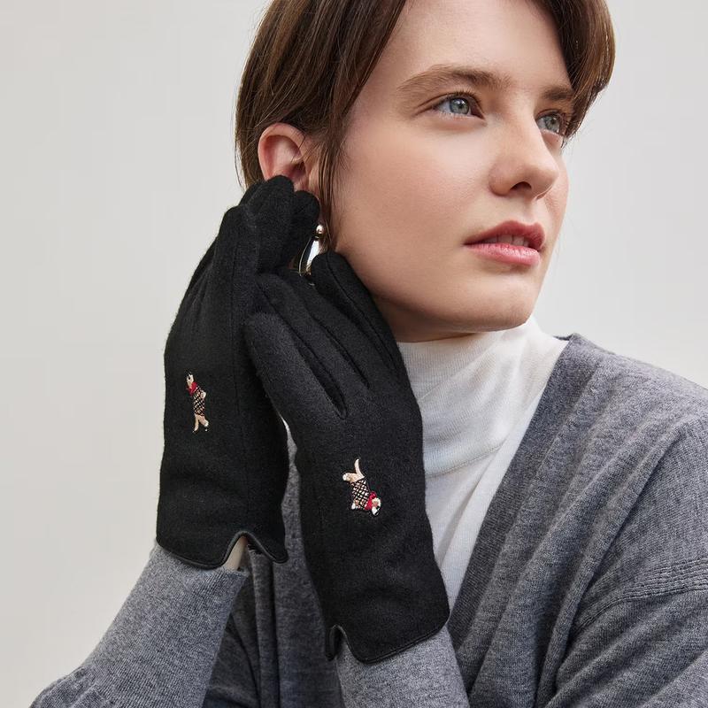 DCGV5F203BK [女性用手袋][手袋] ブラック ウール ハウンドトゥース刺繍 スマートフォン対応手袋