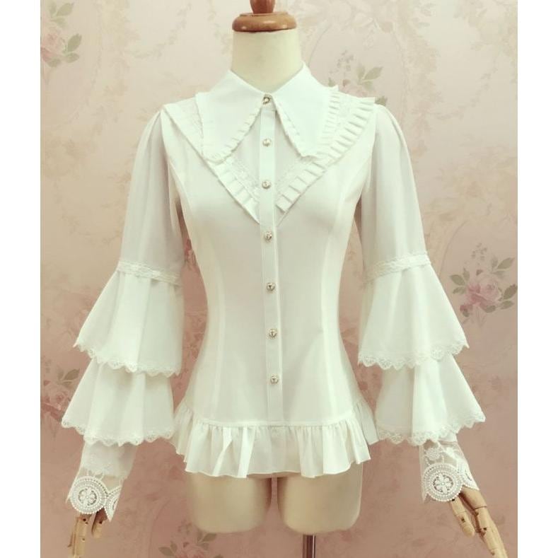 ロリータ ブラウス ゴスロリ お花 レース 長袖 かわいい 姫袖 ベルスリーブスリム XS - 2XL