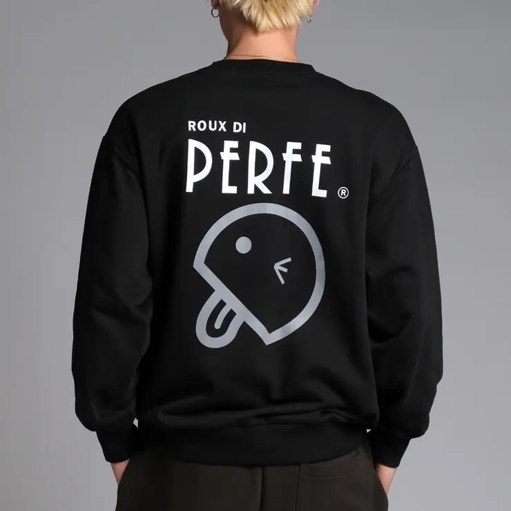 [ROUXDI PERFE ルゥディパフィー]ロゴ刺繍×ベーマークプリントトレーナー ビッグシルエット トレーナー スウェット プルオーバー ユニセックス ストリートカジュアル 長袖 裏毛トップス