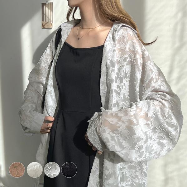 ブラウス シアー シャツ レディース 長袖 バルーンスリーブ オフィスカジュアル カジュアル 韓国ファッション / ジャガードフラワーシアーシャツ
